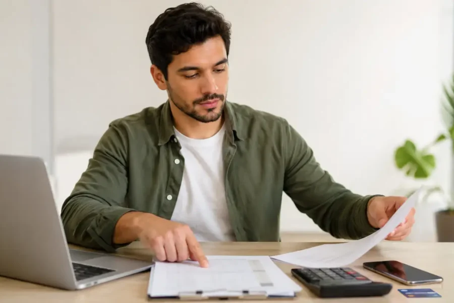 Homem analisando contrato e contas em casa antes de cancelar seguro prestamista.