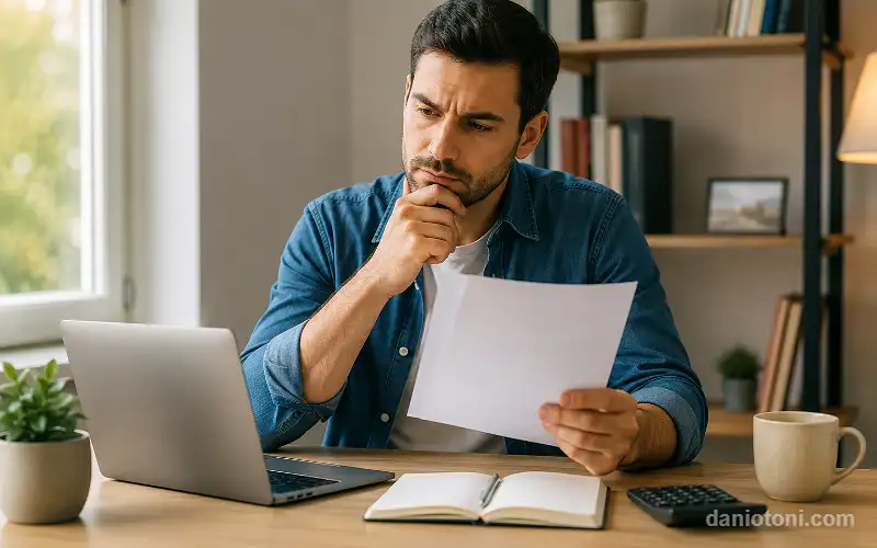 Homem analisando um documento em frente ao notebook, com calculadora e bloco de anotações sobre a mesa, avaliando a melhor opção entre Tesouro Direto e CDB.