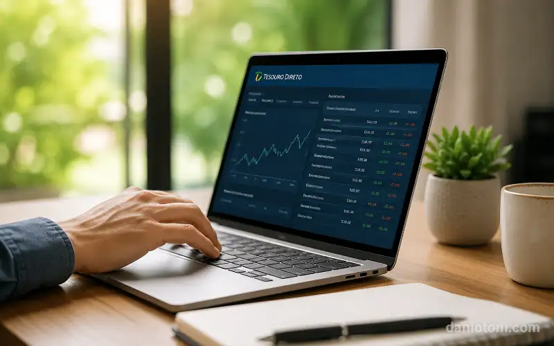 Pessoa utilizando um notebook para acompanhar informações sobre Tesouro Direto e CDB em 2026 com bloco de anotações, caneca e planta sobre uma mesa bem iluminada.