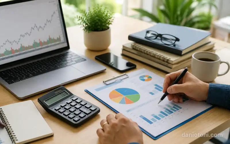 Como montar sua carteira de investimentos: investidor analisando gráficos financeiros, notebook e calculadora para decidir onde investir 1000 reais em 2026.