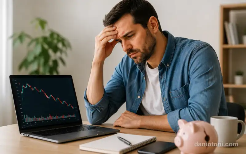 Pessoa analisando um gráfico de investimentos em queda no notebook e refletindo sobre os erros comuns ao esperar demais para investir.
