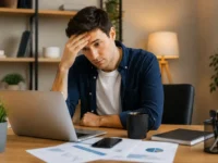 Pessoa preocupada analisando investimentos e evitando erros de quem começa a investir em 2026 no notebook.