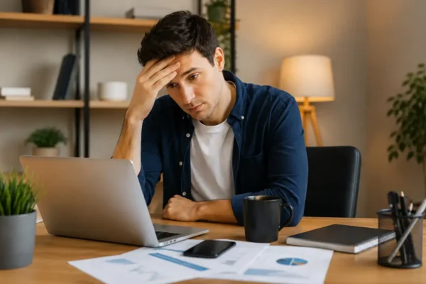 Pessoa preocupada analisando investimentos e evitando erros de quem começa a investir em 2026 no notebook.