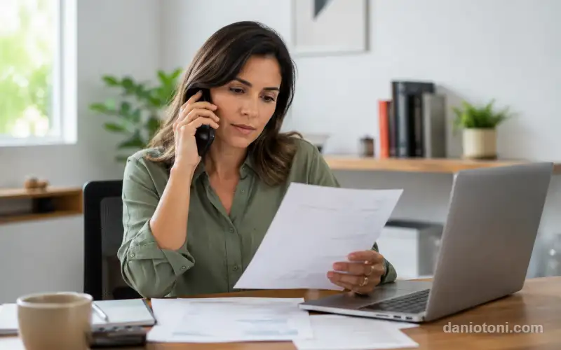Mulher analisando cobrança por telefone para cancelar seguro prestamista.