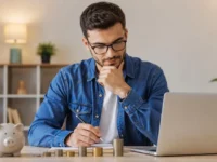 7 investimentos para iniciantes em 2026: pessoa analisando opções de investimento com notebook, moedas e cofrinho sobre a mesa.