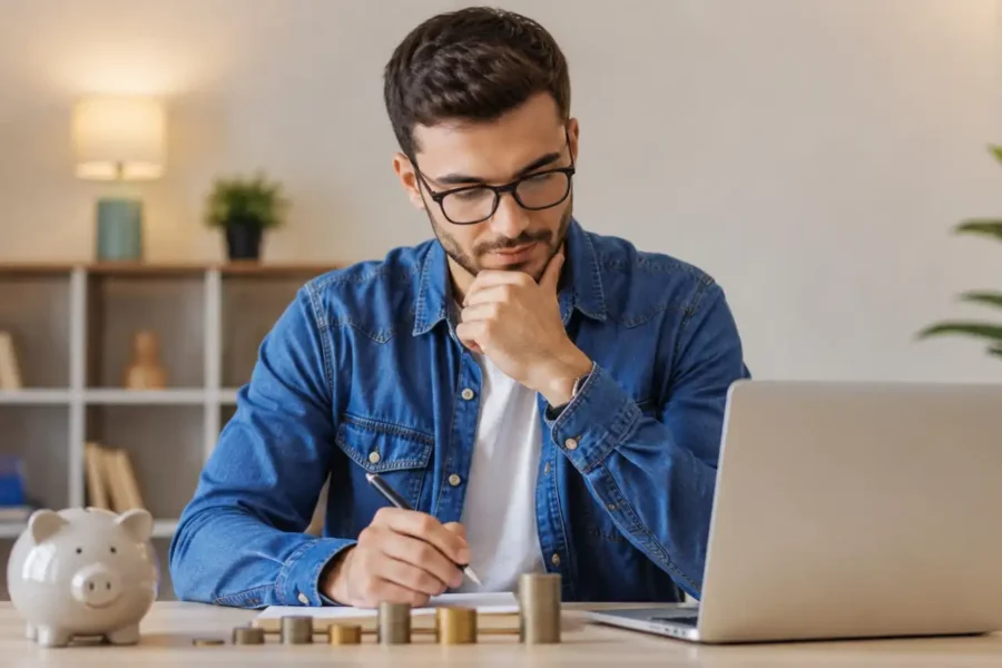 7 investimentos para iniciantes em 2026: pessoa analisando opções de investimento com notebook, moedas e cofrinho sobre a mesa.