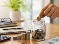 Onde investir 1000 reais em 2026: pessoa colocando moeda em um pote de economia ao lado de calculadora e pilhas de moedas.
