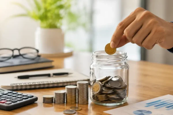 Onde investir 1000 reais em 2026: pessoa colocando moeda em um pote de economia ao lado de calculadora e pilhas de moedas.