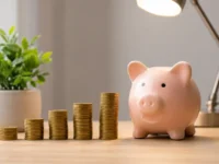 Quanto rende 10 mil investidos em 2026 representado por um cofrinho ao lado de pilhas de moedas em crescimento.