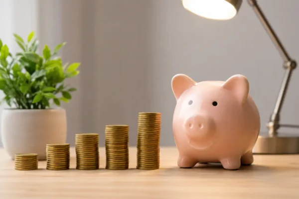 Quanto rende 10 mil investidos em 2026 representado por um cofrinho ao lado de pilhas de moedas em crescimento.