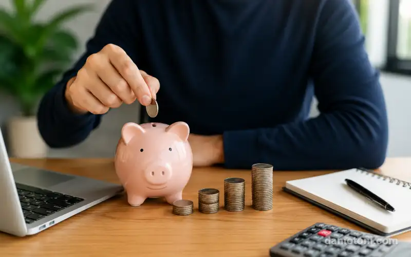 Pessoa criando uma reserva de emergência antes de investir em 2026, guardando dinheiro em um cofrinho.