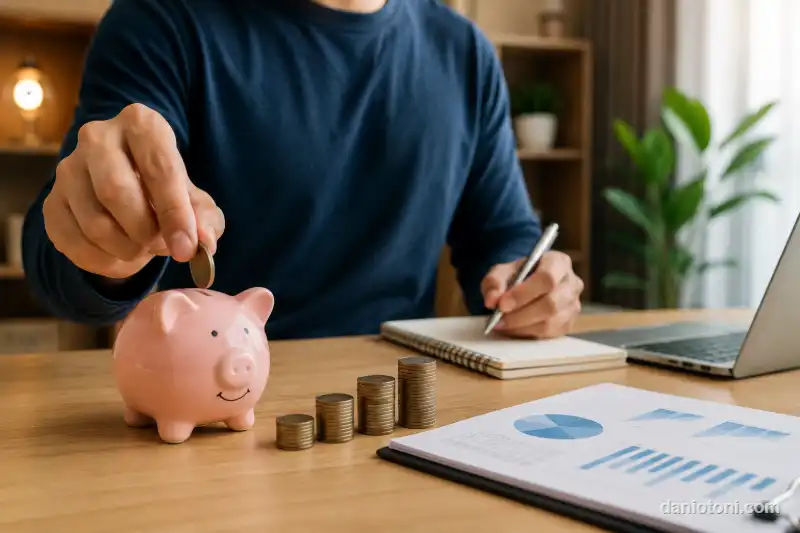 7 investimentos para iniciantes em 2026: pessoa formando uma reserva financeira ao guardar dinheiro em um cofrinho.
