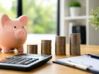 Tesouro Direto ou CDB em 2026 representado por cofrinho, pilhas de moedas e calculadora sobre uma mesa, simbolizando comparação entre investimentos de renda fixa.