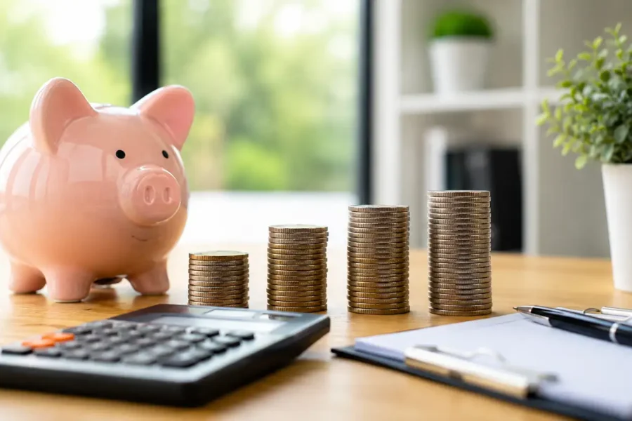 Tesouro Direto ou CDB em 2026 representado por cofrinho, pilhas de moedas e calculadora sobre uma mesa, simbolizando comparação entre investimentos de renda fixa.