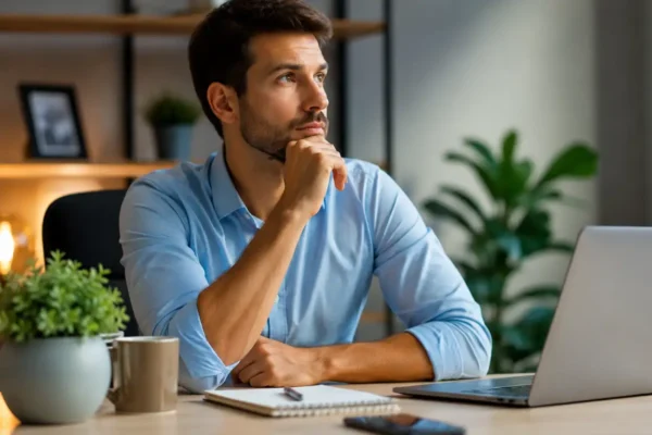 Pessoa analisando gráficos financeiros no notebook para decidir se vale a pena investir agora em um ambiente moderno e bem iluminado.