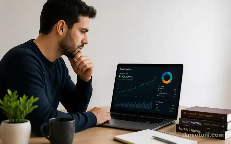 Pessoa analisando gráficos de investimentos no notebook para decidir se vale a pena investir agora em um ambiente moderno e bem iluminado.