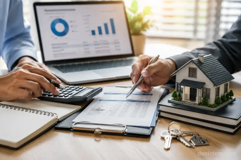 Comparação de propostas de portabilidade de financiamento imobiliário com calculadora, documentos e maquete de uma casa.