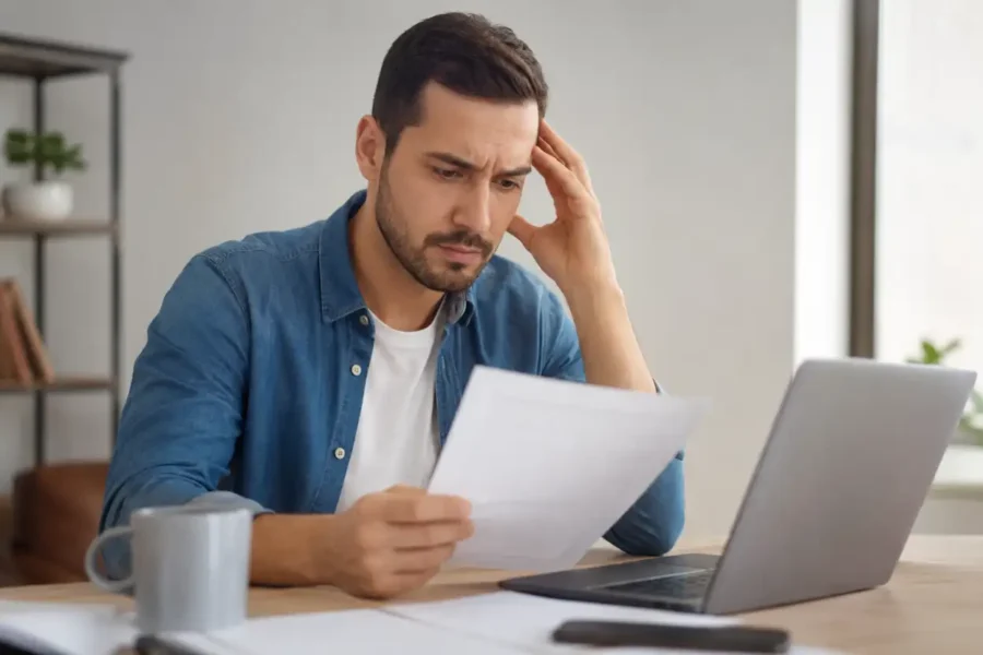 Homem sentado à mesa analisando documento sobre consignado privado após demissão, ao lado de notebook, copo e calculadora.