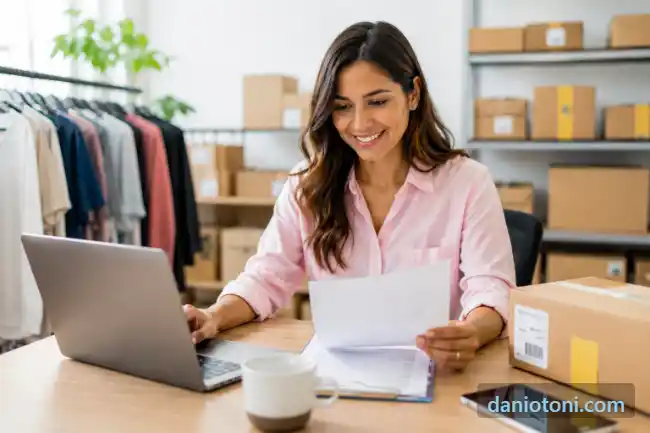 Empréstimo para MEI: microempreendedora analisando documentos ao lado de notebook e caixas de produtos em seu pequeno negócio.