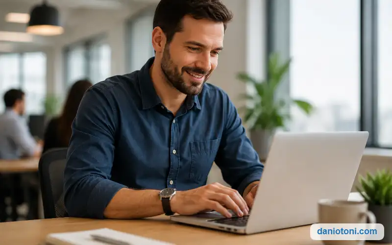 Homem trabalhando em novo emprego no notebook após mudança de vínculo profissional.