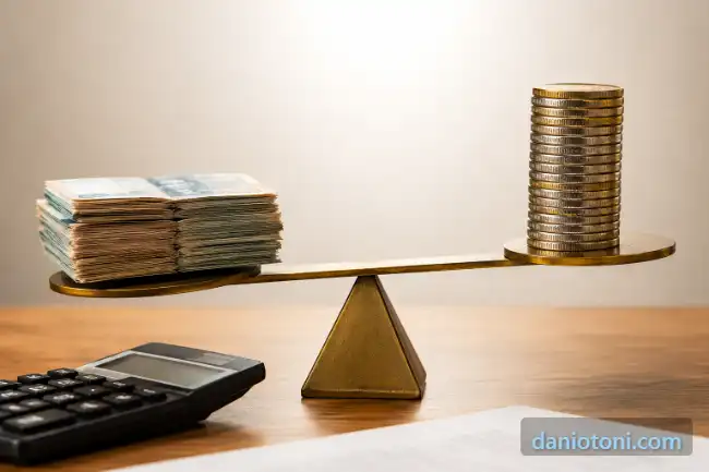 Portabilidade com troco aumenta a dívida representada por dinheiro e moedas em uma balança.