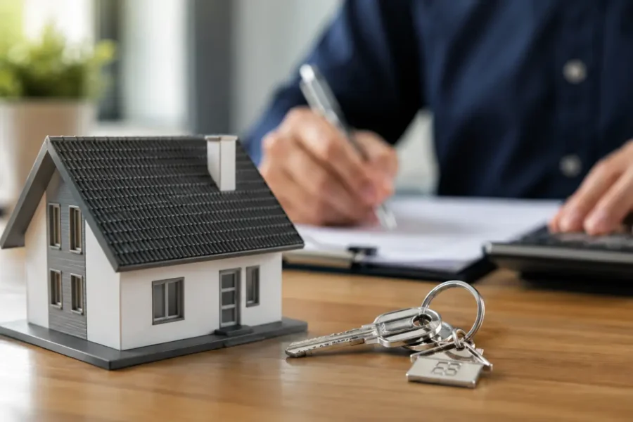 Portabilidade de financiamento imobiliário com contrato, chaves e maquete de uma casa sobre a mesa.