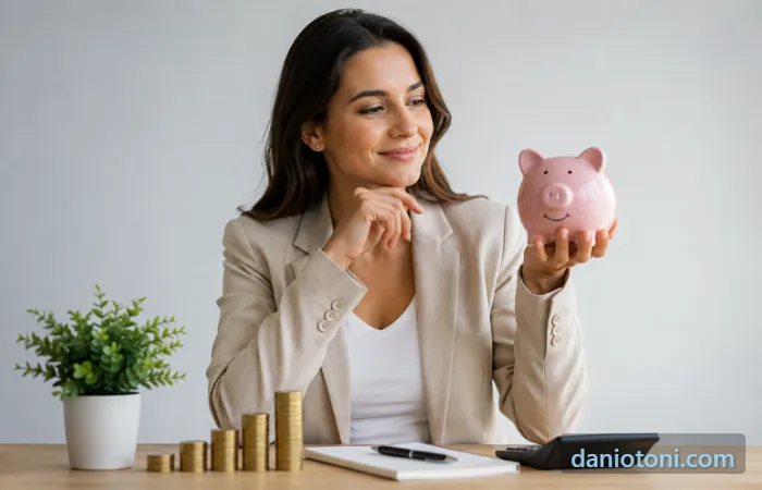 Portabilidade de previdência privada com mulher segurando cofrinho ao lado de moedas e calculadora