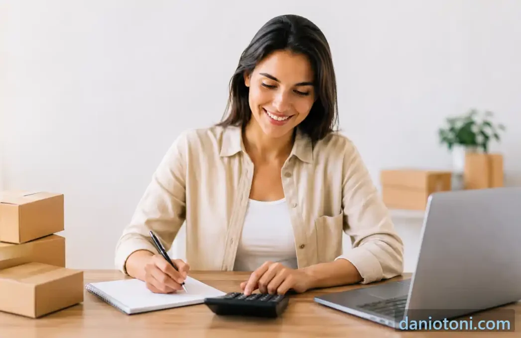 Empreendedora usando calculadora e fazendo anotações ao lado de notebook e caixas de produtos.