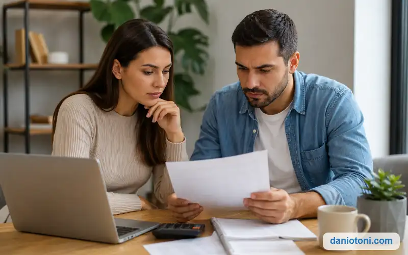 Casal analisando documentos para entender quem paga o consignado depois da demissão.