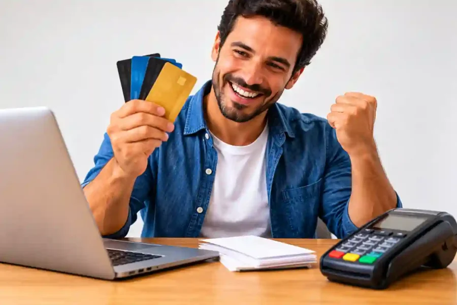 antecipação de recebíveis para MEI — empreendedor sorrindo com cartões nas mãos ao lado de notebook, comprovantes e maquininha de cartão