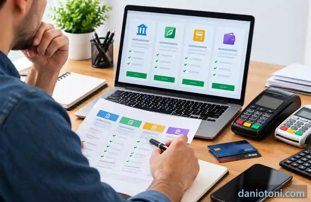 antecipação de recebíveis para MEI — empreendedor comparando propostas financeiras no notebook e em documentos, com maquininhas de cartão e cartões sobre a mesa