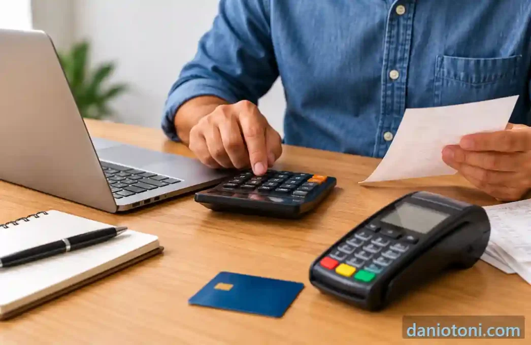 antecipação de recebíveis para MEI — empreendedor calculando custos em uma calculadora ao lado de notebook, maquininha de cartão, cartão e comprovantes
