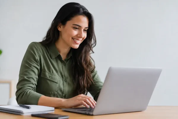 Mulher usando notebook em pesquisa sobre como comprovar renda sendo MEI