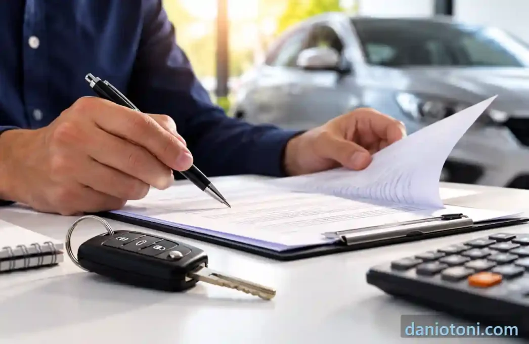 Pessoa analisando contrato ao lado de chave de carro e calculadora, com veículo ao fundo