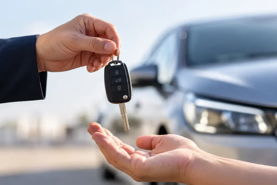 Empréstimo com garantia de veículo representado por pessoa entregando chave de carro diante de um automóvel