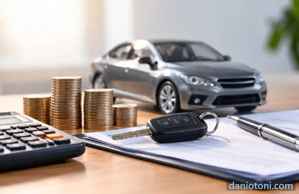 Calculadora, pilhas de moedas, chave de carro e automóvel representando juros e custos do empréstimo