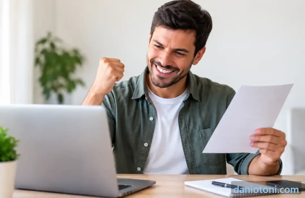 Empréstimo para MEI negativado, empreendedor comemorando enquanto segura documento em frente ao notebook.