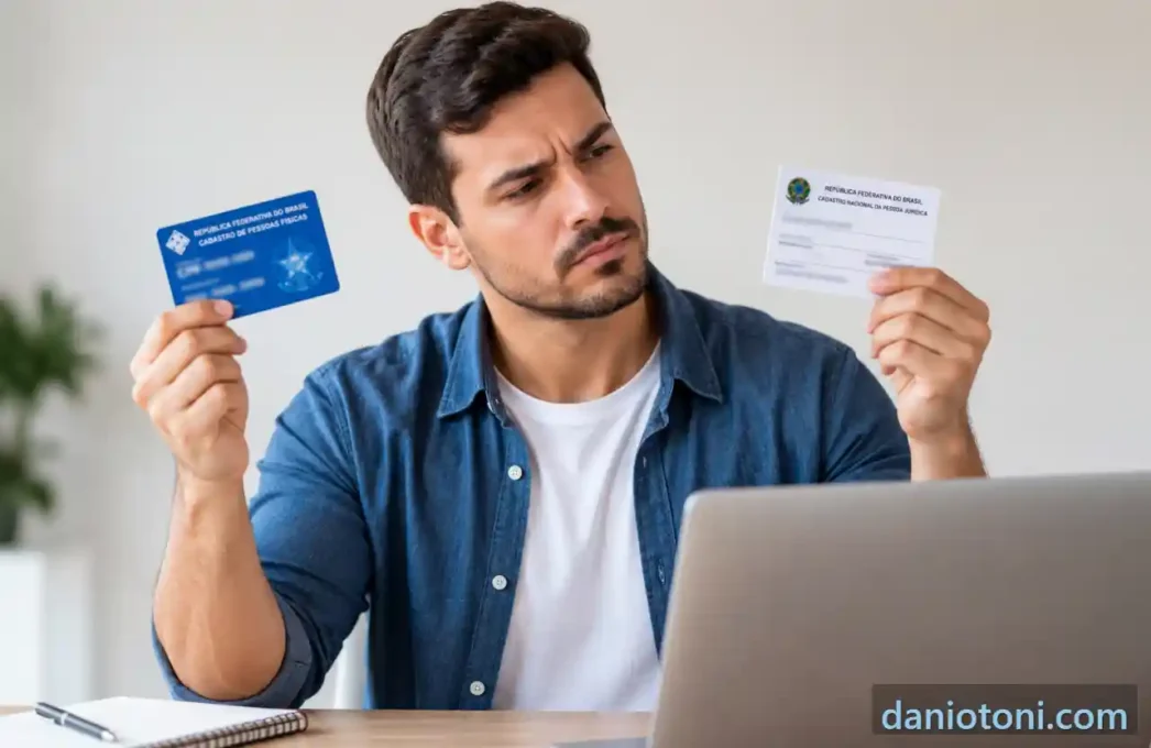 Empréstimo para MEI negativado, homem comparando documentos de CPF e CNPJ em frente ao notebook.