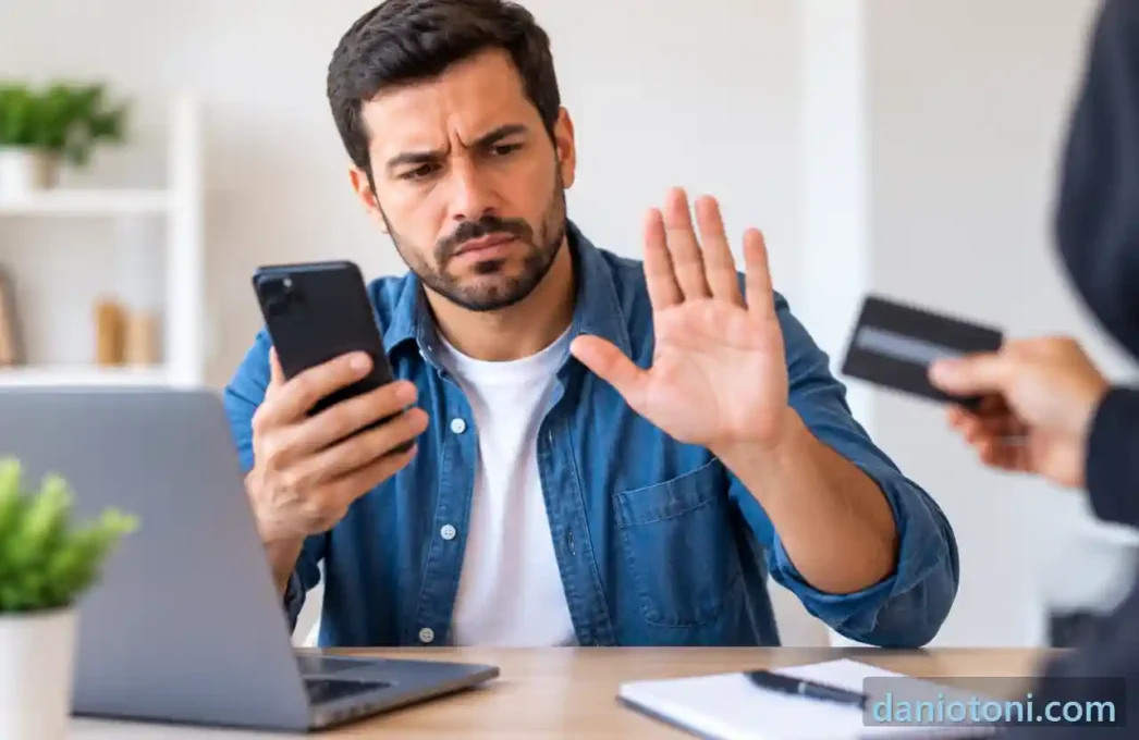 Empréstimo para MEI negativado, homem recusando possível golpe enquanto verifica proposta de crédito pelo celular.