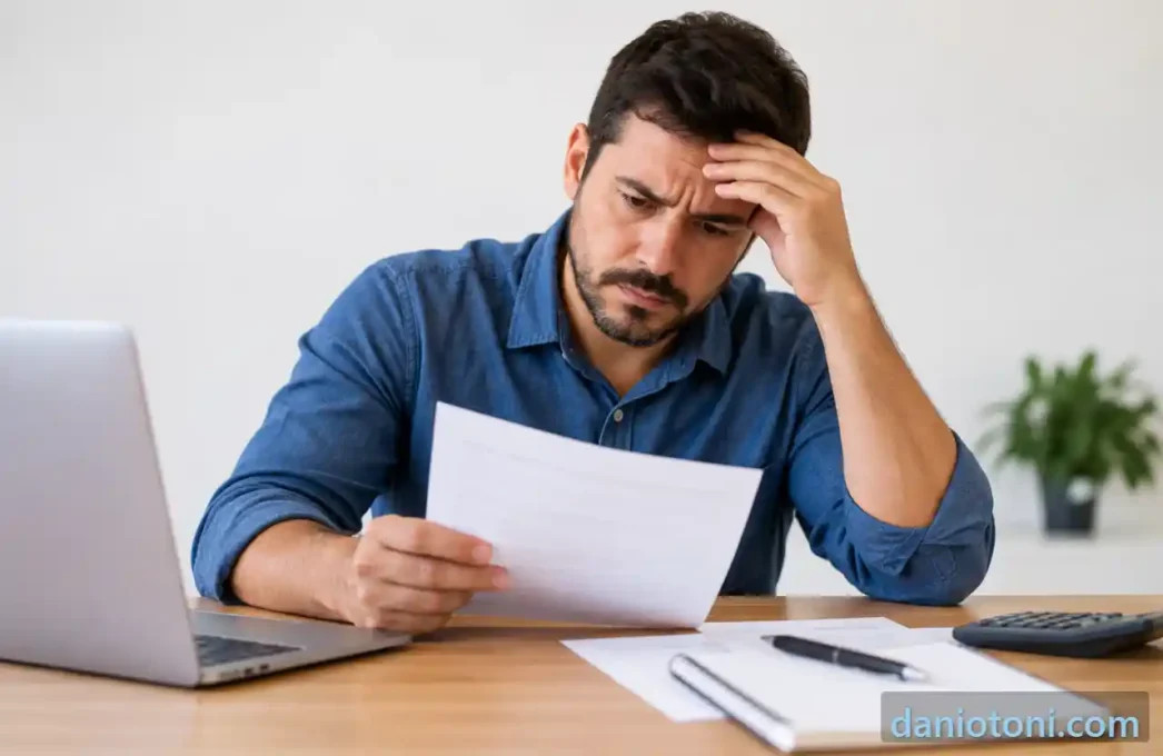 Plano de saúde para MEI, microempreendedor preocupado analisando documentos após problema com CNPJ