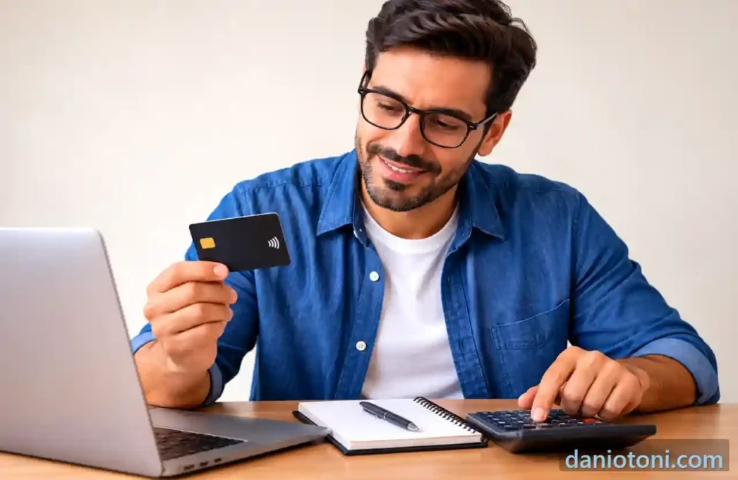 Empreendedor segurando cartão de crédito enquanto usa calculadora, com notebook e caderno sobre a mesa.