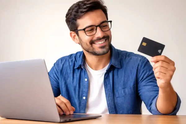 Cartão de crédito para MEI nas mãos de empreendedor em frente ao notebook.