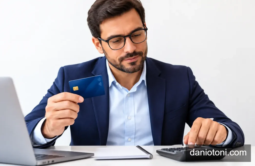 Cartão empresarial nas mãos de empresário calculando despesas.