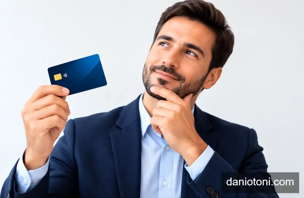 Homem de terno segurando cartão empresarial azul enquanto pensa