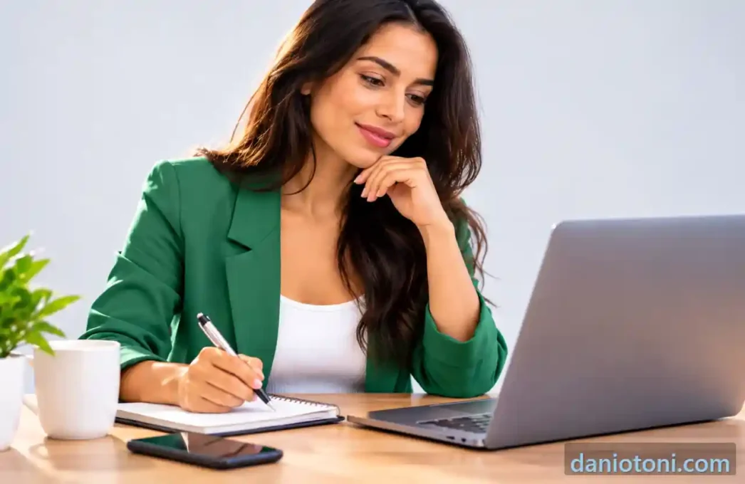 Conta PJ digital para MEI, empreendedora analisando opções no notebook e fazendo anotações, com celular, caneca e planta sobre a mesa.