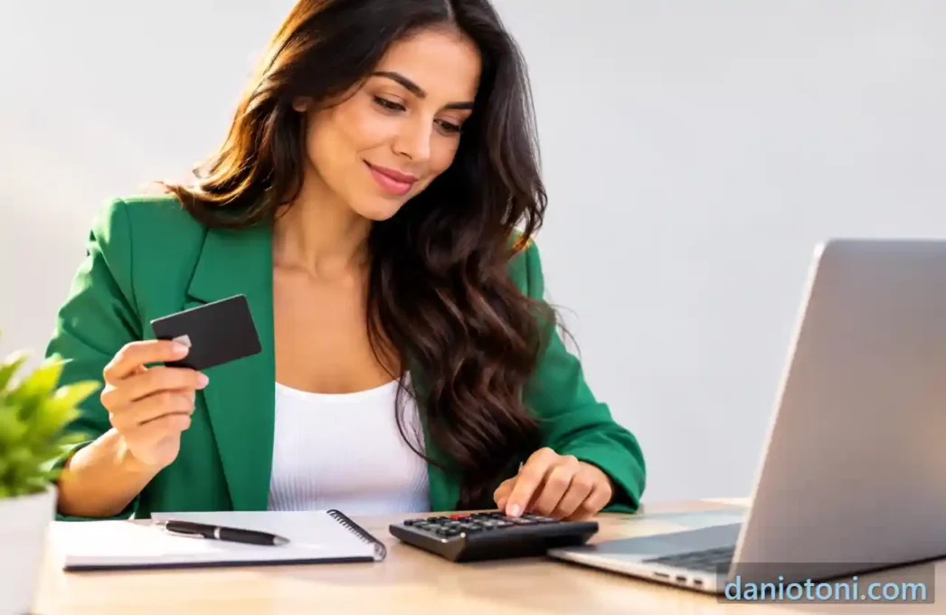 Conta PJ digital para MEI, empreendedora segurando cartão enquanto calcula custos, com notebook e caderno sobre a mesa.