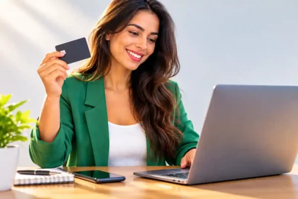 Conta PJ digital para MEI, empreendedora sorridente segurando cartão bancário diante de notebook, com celular, caderno e planta sobre a mesa.