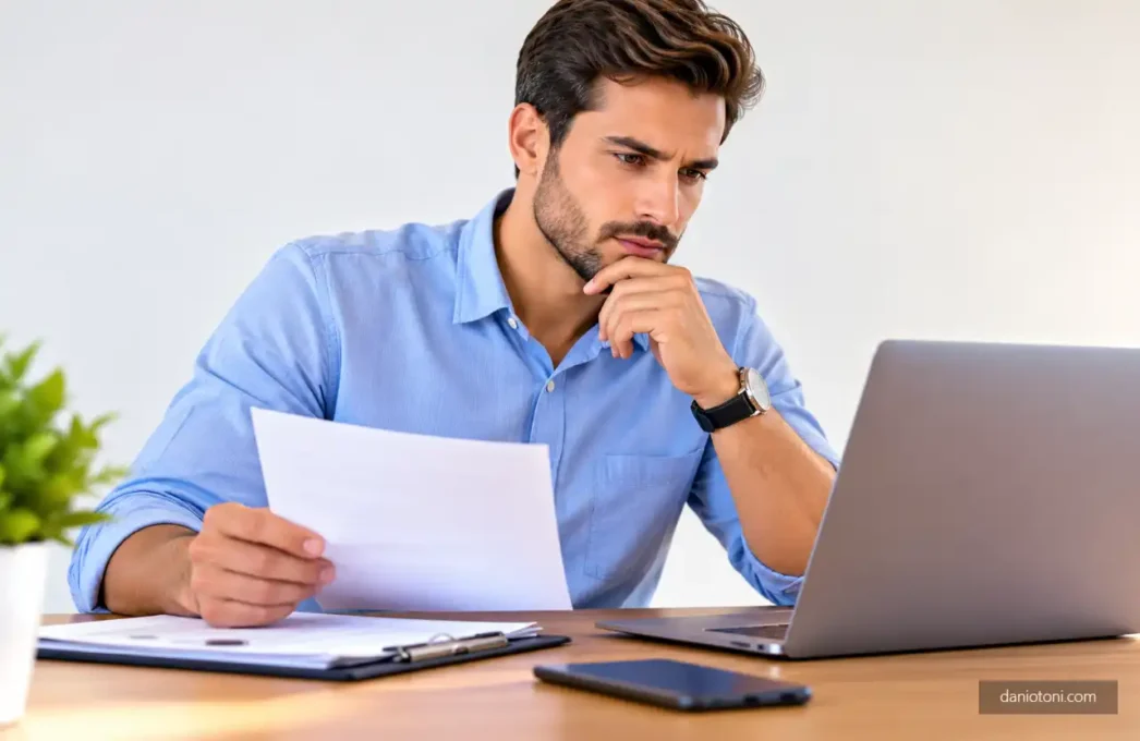 Contabilidade online com homem analisando uma folha de papel enquanto consulta o notebook sobre a mesa.
