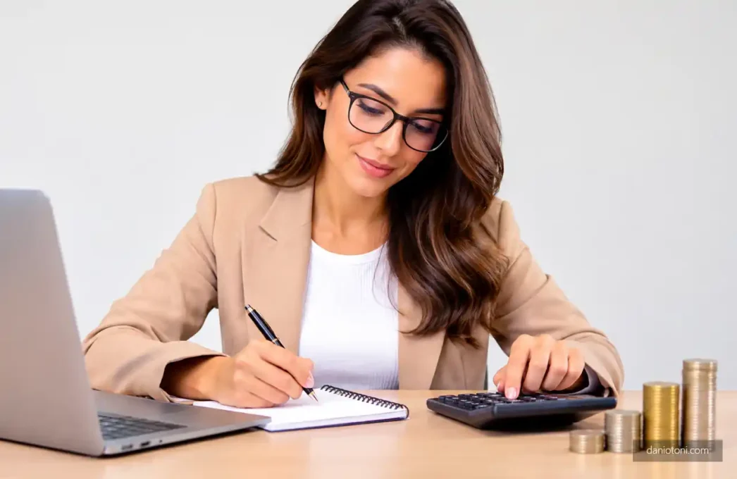 Contabilidade online com mulher calculando custos ao lado de notebook, bloco de notas e moedas.
