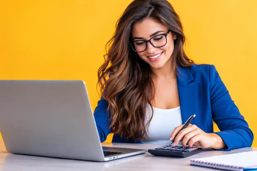 Contabilidade online com mulher de óculos usando notebook e calculadora ao lado de bloco de notas.